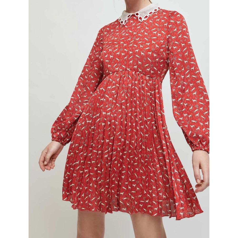 NWT Maje Raina Horse-Print Pleated Woven Mini Dress Large Chic French Feminine